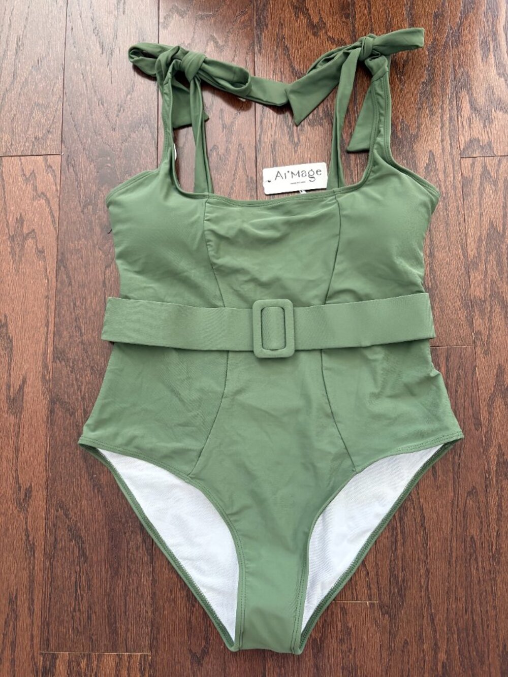AI'MAGE Women's One Piece Green Swimsuit Tummy Control Belt - SZ XL NEW w Tag